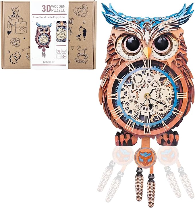 Kosmickiss 3D Wooden Puzzles for Adults, Owl Wooden Clock, DIY Model Building Kits for Adults, Owl Gifts for Women, Creative Decor for Home