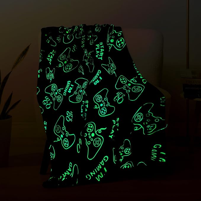Wesan Gaming Gamer Glow in The Dark Blanket Boys Teens Gifts for Birthday Christmas Easter Video Game Gamepad Presents Fun Fluffy Plush Throw Gray 60"x80"