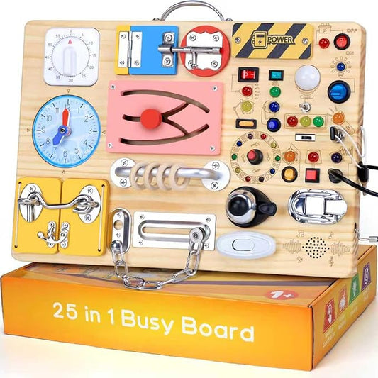 25 in 1 Busy Board with 13 LED Light Switches and 12 Activity, Montessori Toys for 1 2 3 Years Old, Wooden Sensory Board, Toddlers Travel Toys for 1+ Year Old Boy & Girl Birthday Gift(Extra-Large)