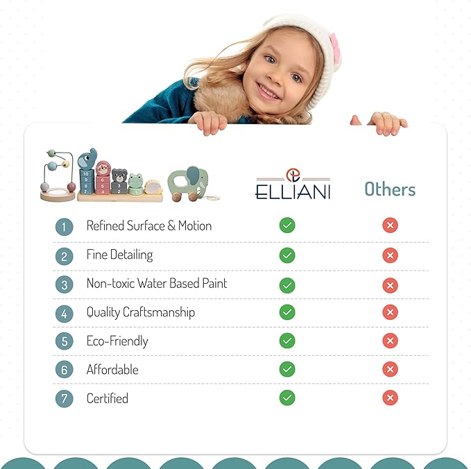 ELLIANI Montessori Toys for 1 Year Old - 3-in-1 Wooden Toy Set, Stacking Toys for Toddlers 1-3 with Bead Maze & Pull Toy, Baby Gender Neutral Gifts