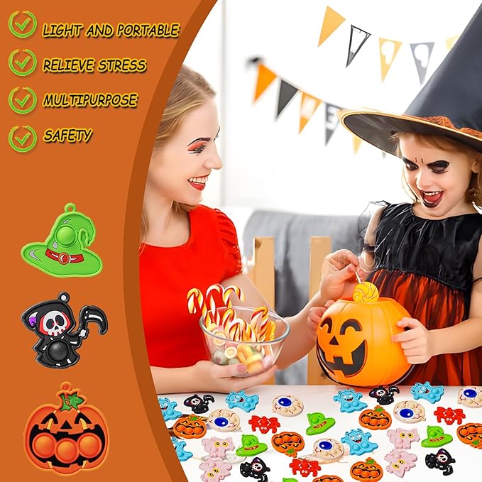 72Pcs Halloween Party Favors, Fidget Toys Bulk Mini Pop Bubbles with Keychain, School Classroom Prizes Box Fidgets Toys for Kids Toddlers Adult, Goodie Bag Stuffers, Treasure Chest box, Halloween Toys