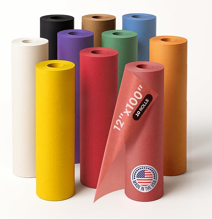 12" x 1200" (100 ft) Set of 10 Colored Kraft Paper Rolls – USA-Made Quality Craft Paper for Gift Wrapping, Kids' Arts & Crafts, School Projects, DIY – Natural Material, 50lb Thickness by IDL Packaging
