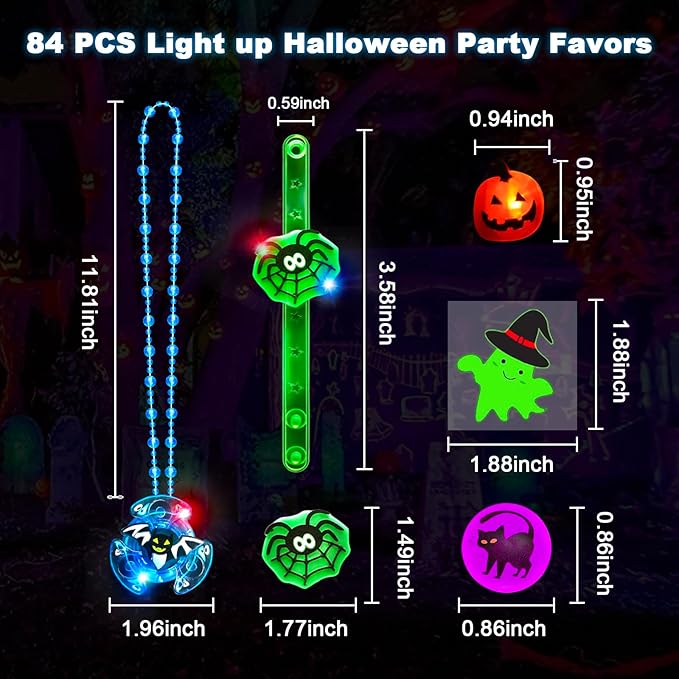 84 PCS Halloween Party Favors for Kids, Halloween Glow in The Dark Toys Bulk Light Up Necklace Bracelet LED Rings Halloween Goodie Bag Fillers Treats for Classroom Prizes Trick or Treat Gifts Game