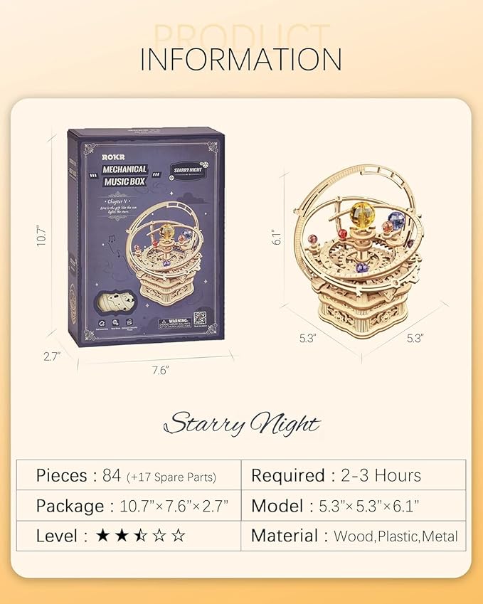 ROKR 3D Puzzles for Adults Orrery Music Box Wooden Model Building Set, DIY Wood Craft Kit Solar System Kit STEM Toys Gifts for Man/Woman