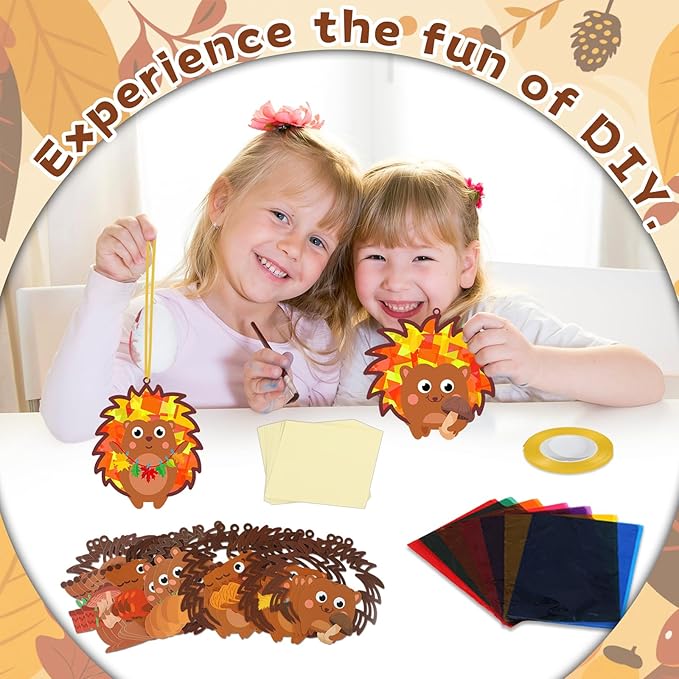 QOUBAI 32 Sets Hedgehog Suncatchers Craft Kit DIY Window Stained Glass Effect Thanksgiving Hedgehog Paper Crafts Home School Classroom Decoration Kid Birthday Gift Creative Art Project Activity Game