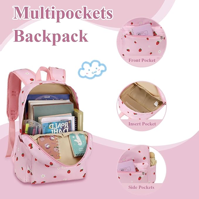 LEDAOU Kids School Backpack with Lunch Box for Girls Kindergarten BookBag School Bag Preschool Toddler Backpack (Pink Strawberry)