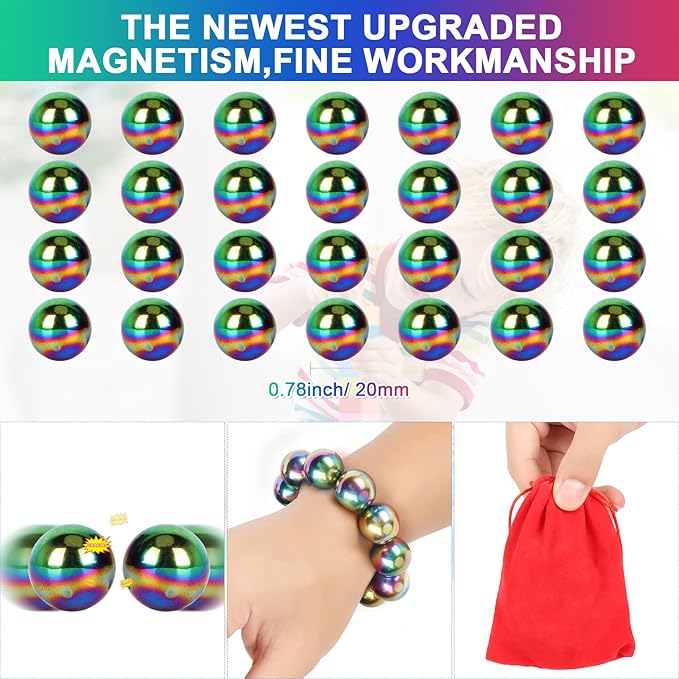 28Pcs Rainbow Stones Fidget Toy, 20mm DIY Mutual Attraction Desk Balls for Kids Adults, Educational Science Kit for Anxiety Relief, Building Crafts for Teens Party Favors Gift