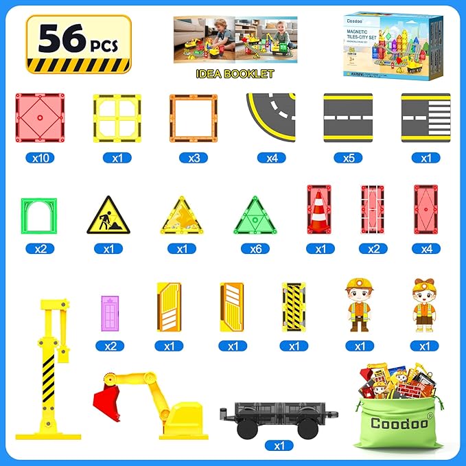 Magnetic Tiles Construction Set with Movable Excavator & Crane, STEM Magnetic Blocks Sensory Toys for Kids 3-5 Girls Boys Toys Age 4-6 6-8, Kids Games Outdoor Toy Birthday Gifts with Car