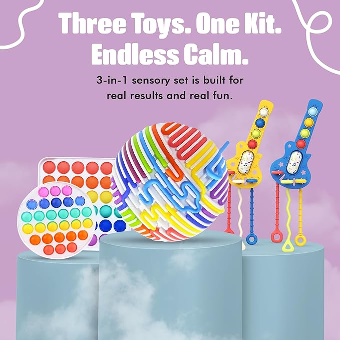 3-in-1 Fidget & Sensory Toy Set for Kids Sensory Explorer Kit with Pull-String Ball, Guitar Pop Toy, Tactile Fidget Board – Calming, Focus, Autism-Friendly