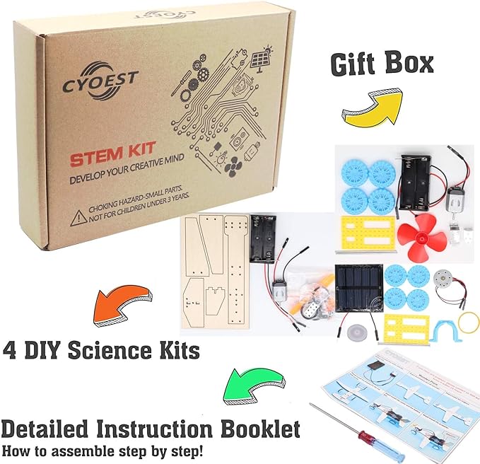 4 in 1 Solar Power & Electric Motor STEM Kits,Science Experiment Projects for Kids Beginners,Electronic Assembly Solar Powered Toy Kit,DIY Educational Engineering Experiments for Boys and Girls