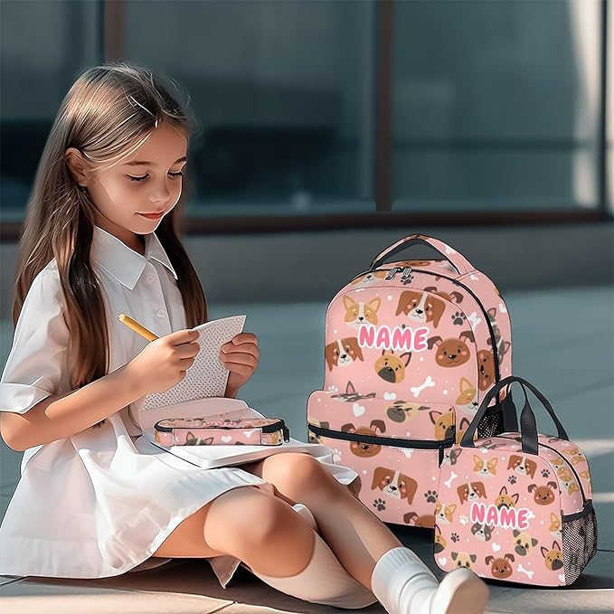 Custom Dog Backpack with Lunch Box, Set of 3 School Backpacks Matching Combo, Cute Pink Bookbag and Pencil Case Bundle