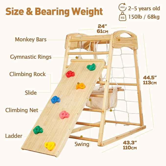 FUNLIO 7-in-1 Wood Indoor Playground for Toddlers 2-5, Montessori Climbing Toys with Solid Pine Wood, Indoor Jungle Gym for Kids with Swing/Slide/Climbing Rock/Net/Ladder/Monkey Bars/Gymnastic Rings