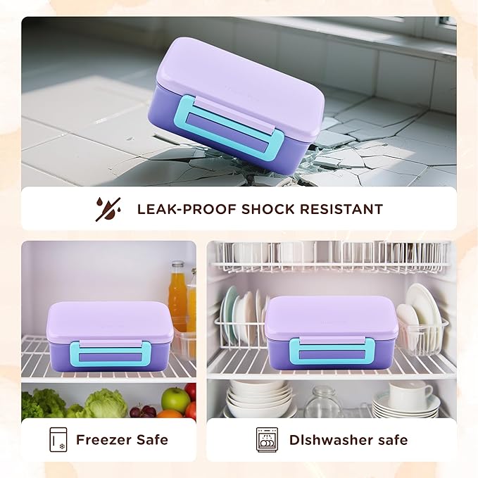 Bento Lunch Box for Kids With 8oz Thermo, Leakproof Bento Box with with 2 Compartments, Insulated Bottle, Lunch Bag, BPA Free Dishwasher Safe for School Girls Boys (Purple)