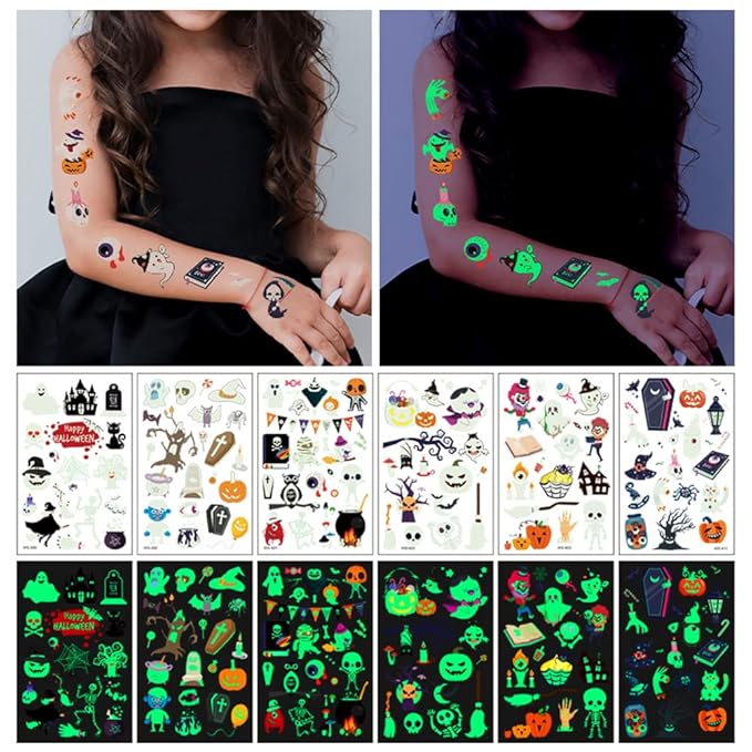 Luminous Halloween Temporary Tattoos for Kids - 360 Pieces Halloween Glow In The Dark Tattoos for Boys and Girls,Bulk Halloween Prizes Treat or Trick Party Favor Goody Bag Stuffers 20 Sheets