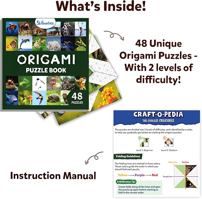 Skillmatics Origami Puzzle Book - 48 Folding Puzzles for Kids, Fun STEM Toy & Brain Teasers, Educational & Travel Gifts for Ages 6, 7, 8, 9, 10 and Up