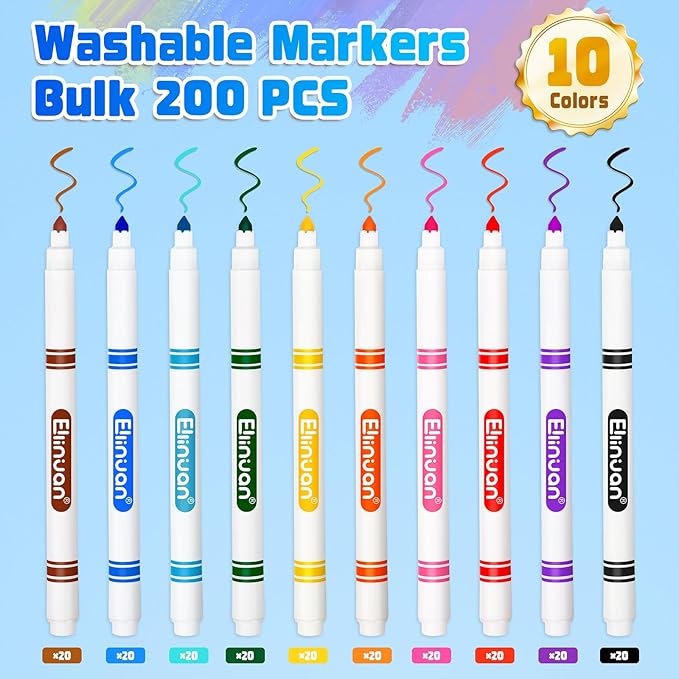 200 Count Washable Markers Bulk, 10 Assorted Colors, Fine Line Colored Marker with Conical Tip, Washable Markers for Kids, School Art Supplies, Classroom Essentials for Students Teachers