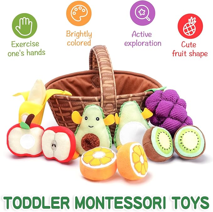 Jollybaby Plush Stuffed Cloth Fruit Food Toy Set for Toddler 1-3, Soft Fruit Basket Montessori Sensory Toy for 1 Year Old, Felt Pretend Fake Food Toy for Baby 0-6-12 Month, Newborn