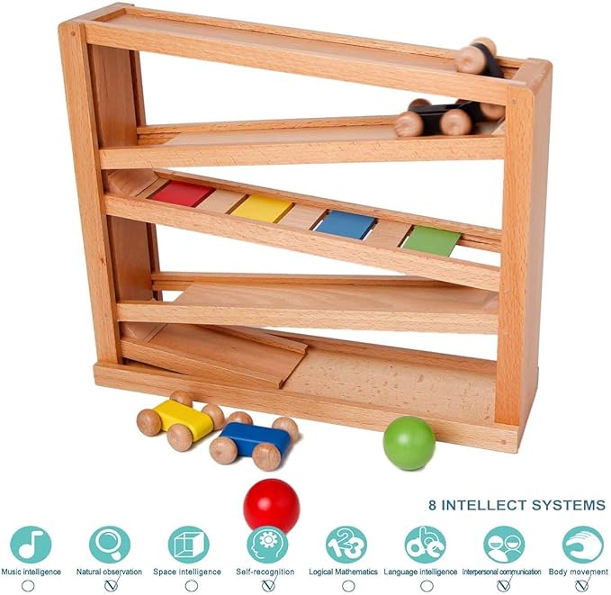 Wooden Ramp Racer. Race Track for Toddlers and 3 Wood Cars and 2 Balls,Toddler Toys for 1 2 3 Year Old Boy and Girl Gifts