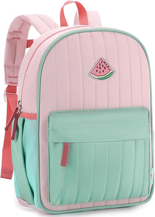 VASCHY Kids Backpack for Girls, Lightweight Quilted Color-blocked Bookbag Preschool Backpack for Kindergarten Children Light Pink Green
