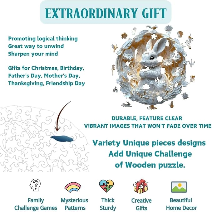 Wooden Puzzles Adults, 3D Paper Rabbit Wooden Puzzles 100 Pieces, Unique Animal Shaped Wood Challenging Jigsaw Puzzles Gifts for Adults, 8.5x8.3in