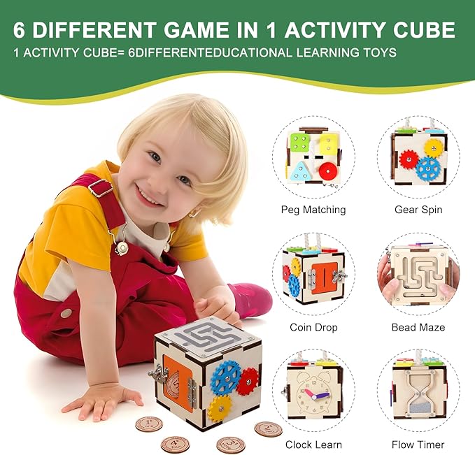 WODI Montessori Activity Cube for Toddlers 3-6 Wooden Baby Toys with Bead Maze, Shape Sorter, Gear Spinner & Coin Game - Educational Sensory Toy for Fine Motor Skills, Learning Busy Box for Boys Girls