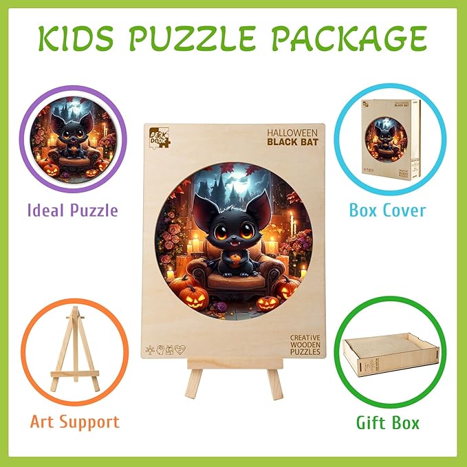Wooden Puzzles for Kids Ages 4-6 - Halloween Black Bat 50 Pieces Children Puzzles - Large Pieces Kids Puzzle with Unique Shapes - Educational Puzzles for Boys and Girls (11.4 * 11.4 in)