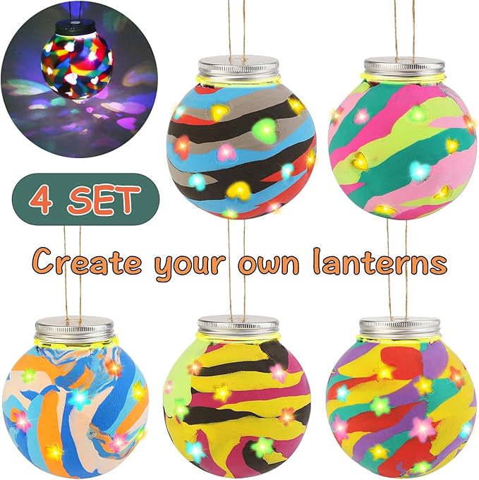 4 Set Kids Clay Arts and Crafts, Kid Craft Kit 8-12, Air Dry Clay Lantern Boys Girls Art Kits, Class Activities Group Projects Ages 7 8 9 10 11 Year Old, Fun Camping Crafts Christmas Stocking Stuffers