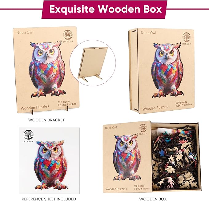 Wooden Puzzles for Adults, Neon Owl Jigsaw Puzzle 200pcs, 10.1x15.3in, Unique Shape Wood Puzzles Adult, Creative Gift for Kids Family Game