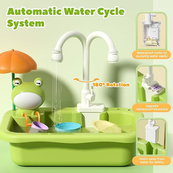 CUTE STONE Play Sink with Running Water, Kitchen Sink Toys with Upgraded Electric Faucet, Play Kitchen Toy Accessories, Pool Floating Fishing Toys for Water Play, Kids Role Play Dishwasher Toy