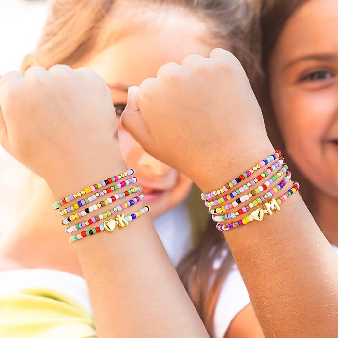 M MOOHAM 5PCS Colorful Beaded Initial Bracelets for Girls Women - Cute Stretch Heart Letter Beaded Bracelet Bohemian Initial Stackable Bracelet Birthday Gift Jewelry for Kids Teen Girl