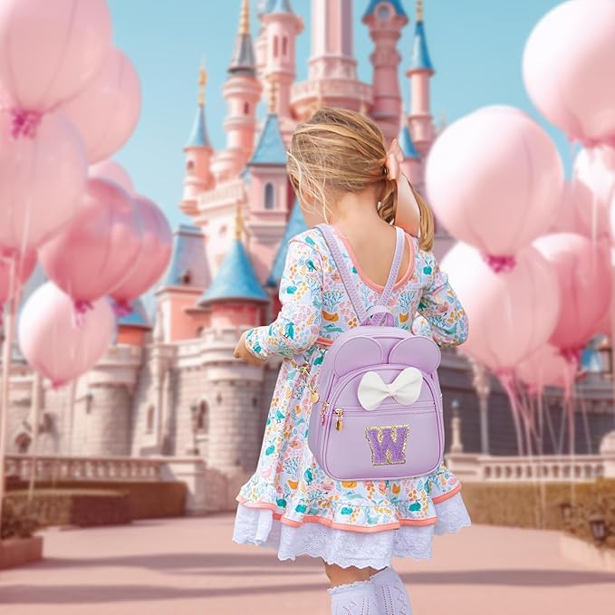 KKXIU Girls Initial Bowknot Cute Mini Backpack for Toddler, Travel Small Girl Backpacks, Personalized Trendy Stuff Gift for Little Girls and Kids(W, Purple)
