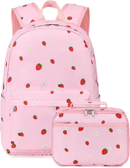 LEDAOU Kids School Backpack with Lunch Box for Girls Kindergarten BookBag School Bag Preschool Toddler Backpack (Pink Strawberry)