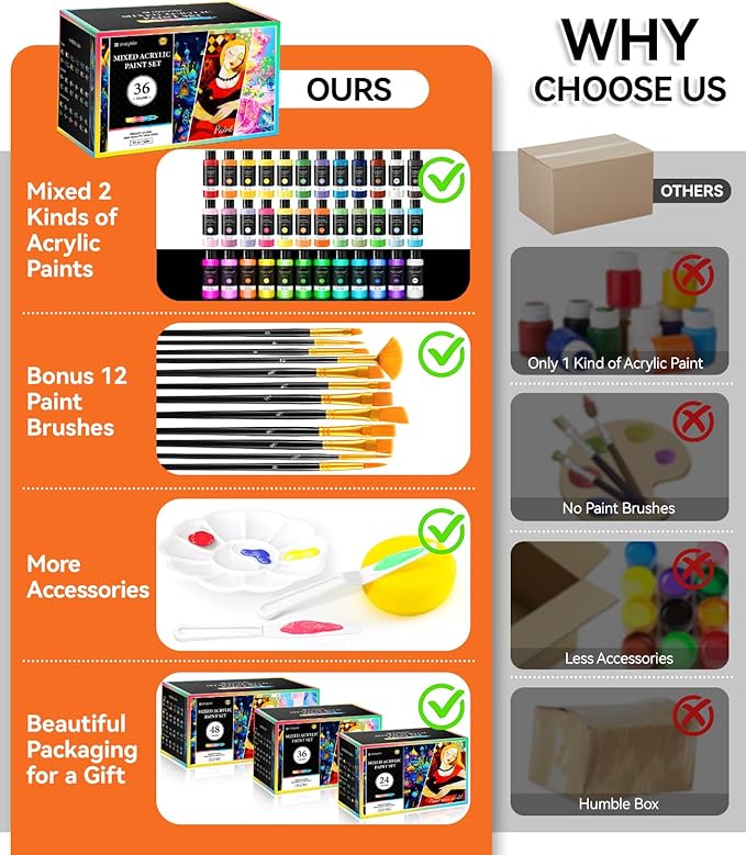 52 PCS Classic & Pastel & Glow in the Dark Acrylic Paint Set with 12 Brushes, 2 Knives & Palette, 36 Colors Art Craft Paint for Beginners, Halloween Pumpkin Canvas Ceramic Rock Painting Kit