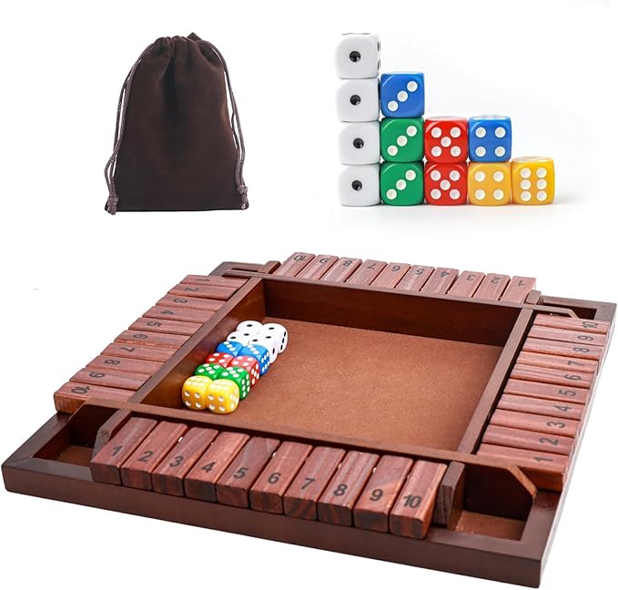 MerryPony Shut The Box Game 4 Player, Wooden Board Game with 10 Numbers, 12 Inch Close The Box Game with 12 Dice, Classic Family Dice Game for Adults, Tabletop Math Game for Pub Classroom Party