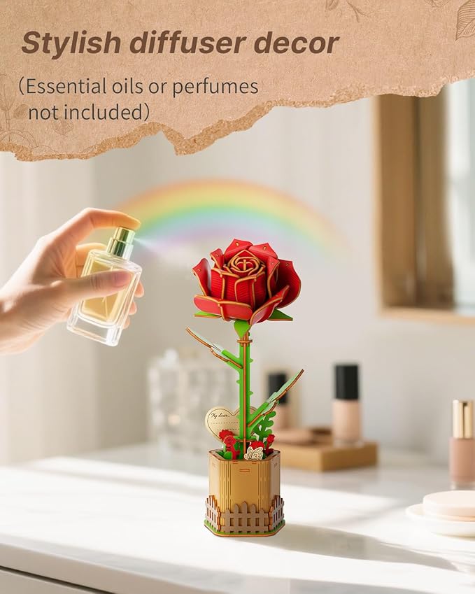 3D Red Rose Wooden Puzzles for Adults, DIY Wooden Flower Craft Kit, Artificial Flowers Model Kit to Assemble for Adults.(3.3 * 3.5 * 8.6in 73PCS)