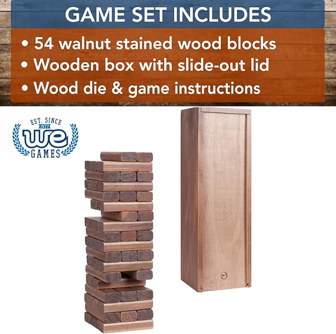 WE Games Wooden Block Stacking Party Game for Adults, Tumble Tower Wedding Guest Book Alternative, Tabletop Games, Includes Storage Case, 12 inches