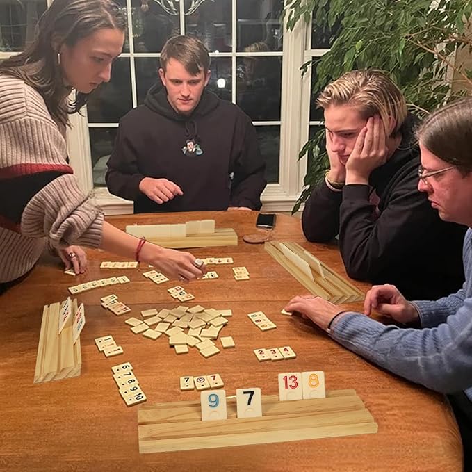 Upgraded 2-4 Players Rummy Cube Board Game Set with 4 Wooden Racks, 106 Tiles, Portable Case, Drawstring Bag and Dice, for Adults Friends Night Gifts Travel Party Sharpens Brain