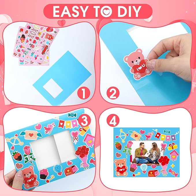 Jetec 48 Set Valentine's Day Picture Frame Craft Kits DIY Valentines Photo Frame Craft Gift with XOXO Heart Stickers for Valentine's Day Home Party Decoration School Classroom Activities