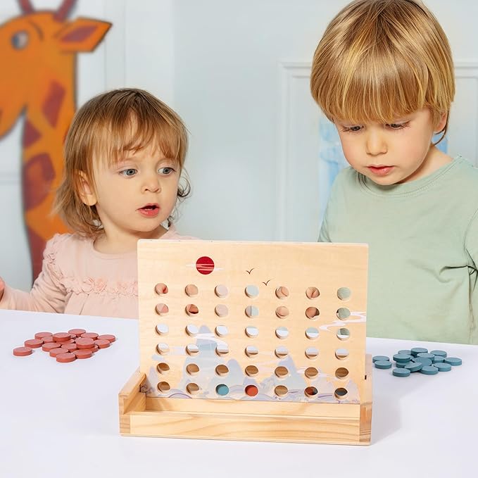 Wooden 4 in a Row Game - Classic Strategy Game for Adults Children-Connecting 4 Same Color Connection Rows- Travel Game Family Checkerboard Game Toys Adult Gift with Unique Printed Patterns.