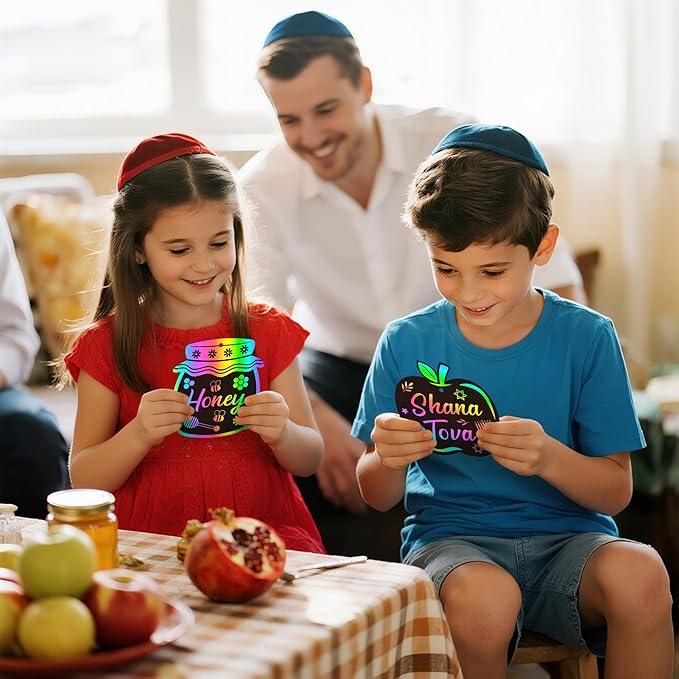 CY2SIDE 60PCS Rosh Hashanah Jewish New Year Scratch Card Gift Set for Kid, DIY Shana Tova Scratch Paper Art for Kids School Activity, Magic Art Rainbow Color Craft for Kids Jewish New Year Party Favor