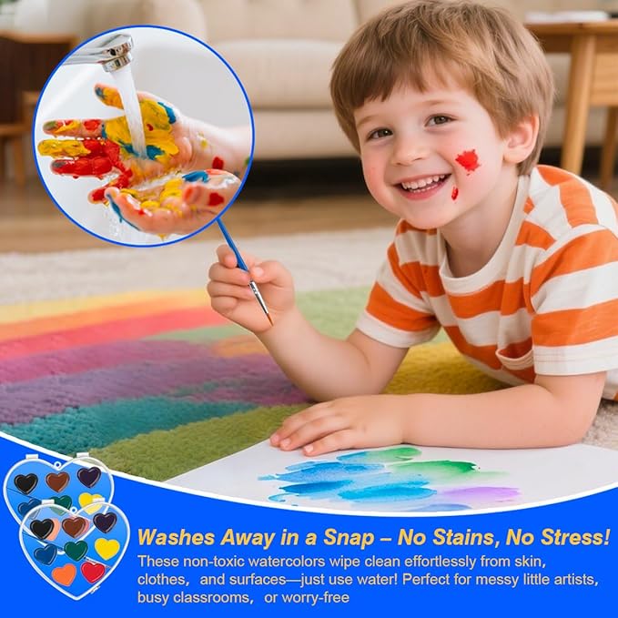 Valentines Day Gifts for Kids, 2 Pack 8 Colors Heart Shaped Watercolor Paint Set with Paintbrush, Prizes Exchange Washable Water Color Kids Paint Set Art Supplies Party Favors for Preschool Classroom School