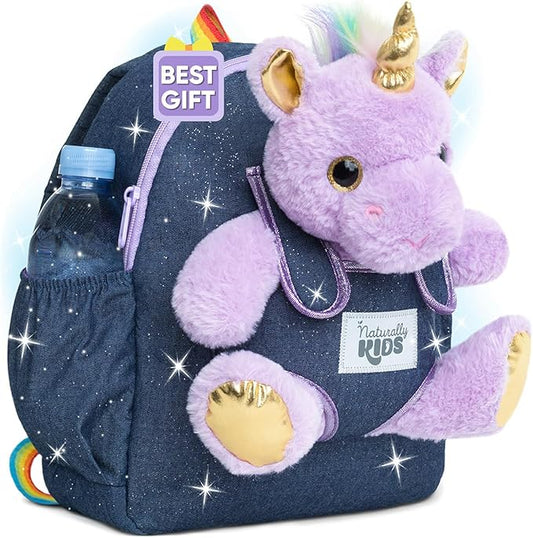 Naturally KIDS Medium Toddler Unicorn Backpack Age 3-9 (11’’h) w Detachable Purple Unicorn Toys for Girls Age 4-6, Gifts for 5 Year Old Girls