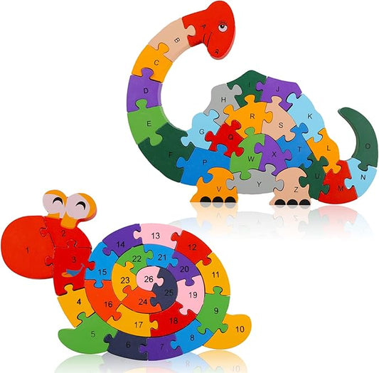 LovesTown Wooden Animal Puzzles for Toddlers, Alphabet Building Blocks for Kids, Preschool Letters and Numbers Learning Puzzle, 2 PCS