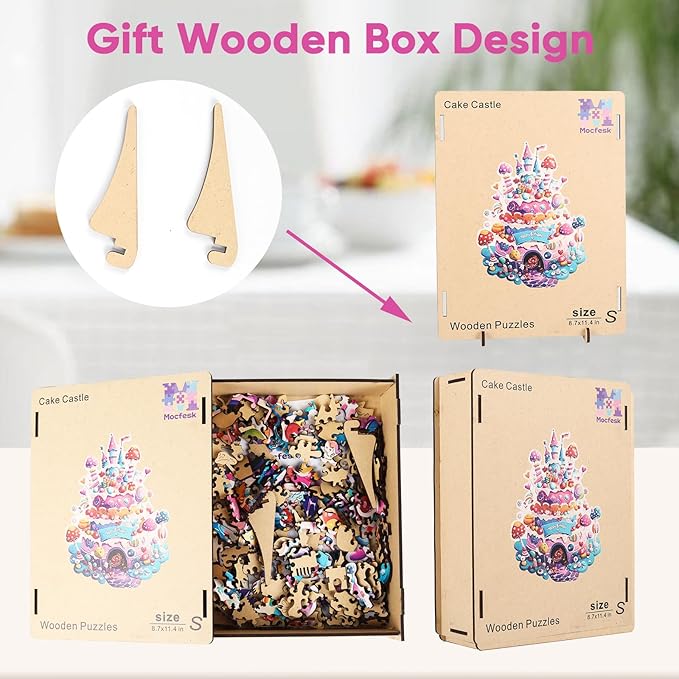 Wooden Puzzles for Adults, Birthday Cake Castle Puzzles 192 Pieces, Unique Shaped Mushroom Jigsaw Puzzles for Adults and Kids, Birthday Gifts Fun Challenge Family Game 11.4'' x 8.6''