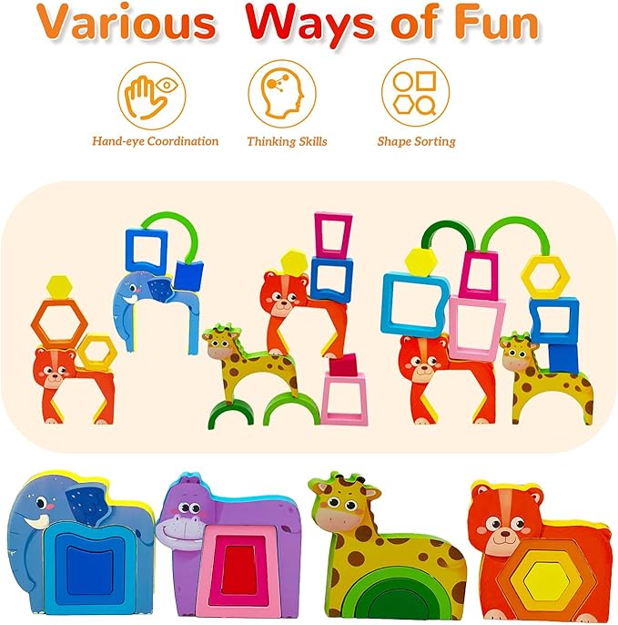 Wooden Montessori Toys for 3 4 Years Old Boys & Girls, Animal Shape Sorter Preschool Learning Toys for Toddlers, Preschool Toddler Puzzles Gift Ideas for Kids (Colored-B)