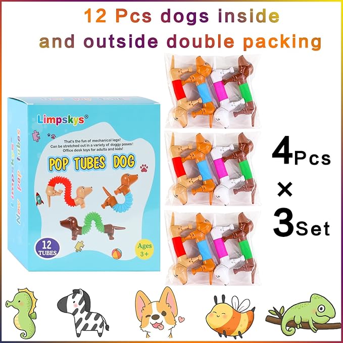 Dog pop Tubes fidgets, Stocking Stuffers for Kids, Sensory Toys for Kids 5-7, fidgets for Toddler, Toddler Stocking Stuffers, Easter Egg fillers,Easter Basket(12 Pcs Dog)
