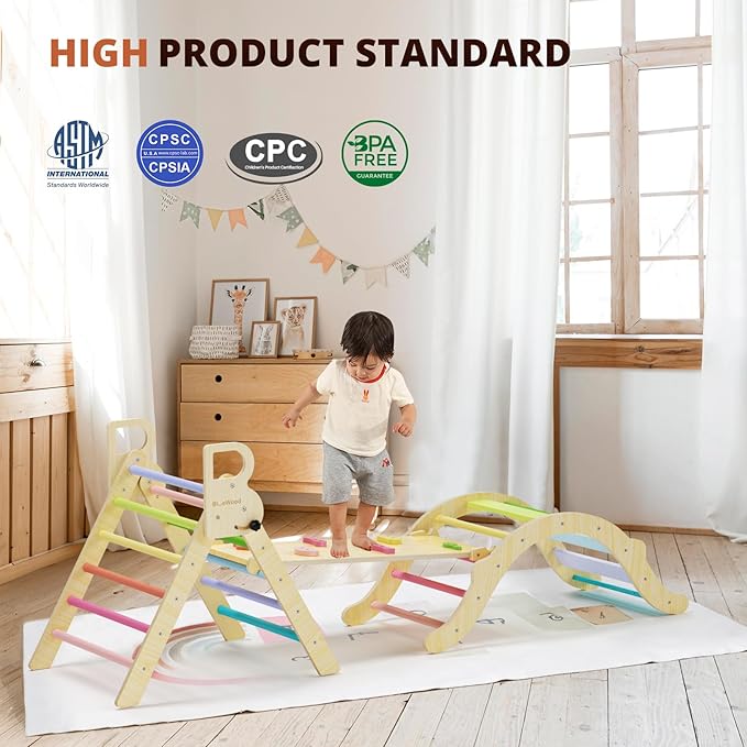 BlueWood Pikler Triangle Set, Toddler Wooden Climbing Toys Indoor 7in1 Foldable Climber for Kids, Montessori Philosophy Play Jungle Gym with Arch, Ramp, Ladder (Colorful Spring)
