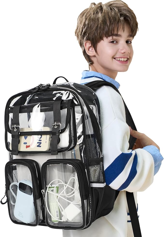 Clear Backpack for School - 17" Transparent Backpacks With Water-Resistant PVC Plastic Material and Ruggedly Reinforced Shoulder Straps, School Bag for Teen Boys Girls Black