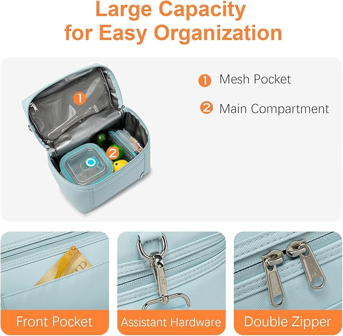 NOL Natural Organic Lifestyle Insulated Lunch Bags for Women Cooler Bag Lightweight Nylon Waterproof Lunch Box For Work (Small, Light blue)