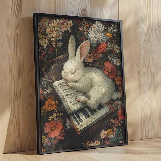Wildlife Rabbit Lying On Piano Sheet Music 1000 Pieces Adult Jigsaw Puzzle,Musical Instrument Antique Piano Bunny Puzzle Lovers Vibrant Illustrations and Challenging Relaxing Great Gift Idea
